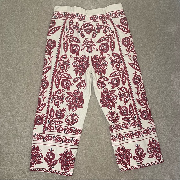 Zara Red and Tan Wide Leg Embroidered Cropped Capri Pants - Picture 3 of 6